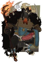 anthro arm_wraps ball_tuft balls bedroom_eyes cape charr clothed clothing clothing_lift curved_horn dialogue english_text erection fangs felid fire genitals guild_wars half-closed_eyes hi_res horn hybrid_genitalia hybrid_penis inviting loincloth_lift looking_at_viewer magic_staff male mammal narrowed_eyes penile_spines penis roly seductive sigmus_sundersoul smile smirk smug smug_face solo speech_bubble staff talking_to_viewer teeth text tuft tusks wraps