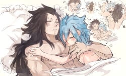 ! 1boy 1girl black_hair blue_hair blush closed_eyes commentary english_commentary fairy_tail gajeel_redfox heart hug levy_mcgarden long_hair medium_hair multiple_views nude rusky scar scar_on_arm sleeping sleeping_on_person