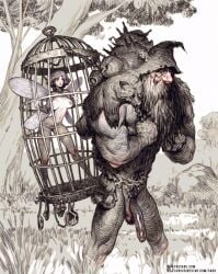 1boy 1girl artist_name beard behind_bars breasts breasts_apart cage chain commentary completely_nude crying dead_animal english_commentary facial_hair fairy fairy_wings grass holding_bars in_cage large_breasts looking_at_another muscular muscular_male navel nipples nude original outdoors penis pig sabu_(sabudenego) streaming_tears subscribestar_username tears testicles tree web_address wings
