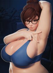 1girls 3d armpits big_breasts blizzard_entertainment breasts female female_only fugtrup glasses looking_at_viewer mei_(overwatch) one_arm_up overwatch pinup sports_bra sweat tagme
