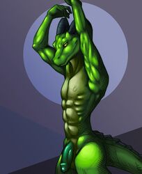 anthro argonian athletic dew_dragon green_penis green_scales horn looking_at_viewer male male_only nude penis pinup pose reptile scales scalie simple_background smile smirk solo the_elder_scrolls video_games yellow_eyes