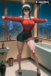 1girls 2025 ai_assisted ai_generated anime animeprds25 artist_name bare_shoulders bathroom bathtub black_footwear black_hair black_skirt breasts city_lights cityscape full_body hairband hi_res high_quality high_resolution highres large_breasts night night_sky off-shoulder_sweater off_shoulder outstretched_arms patreon_username red_eyes red_sweater skirt sky solo spy_x_family stable_diffusion sweater thick_thighs watermark white_hairband window yor_forger