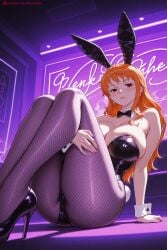 1girl ai_generated animal_ears bare_shoulders bow bowtie breasts bunny_ears bunny_girl bunnysuit cleavage detached_collar fake_animal_ears fishnet_legwear fishnets hi_res high_heels high_quality high_resolution kiraamane large_breasts leotard long_hair nami_(one_piece) one_piece orange_hair pantyhose patreon seductive sexy solo uncensored watermark wrist_cuffs
