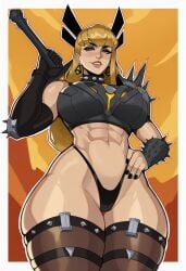 abs ai_generated big_breasts blonde_hair female female_only from_below hand_on_hip hereticus magik_(marvel_rivals) marvel marvel_rivals stockings sword thighs tight_clothing wide_hips wide_thighs