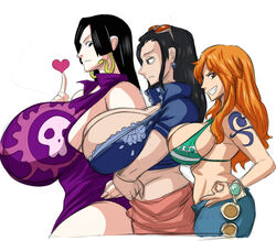 3girls alternate_version_available ass big_breasts bikini bimbo boa_hancock breasts breasts_bigger_than_head busty carmessi cleavage clothed clothing eyewear_on_head female female_only gigantic_breasts huge_ass huge_breasts human hyper_breasts jeans large_breasts long_hair nami nico_robin one_piece pirate post-timeskip shounen_jump sketch sunglasses_on_head thick_thighs voluptuous wide_hips