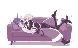 1femboy 2boys androgynous blonde_hair bob_cut femboy feminine_faced_male feminine_male galo_thymos lio_fotia male monochrome on_top petite petite_body petite_male promare questionable short_hair short_male size_difference slim slim_male slim_waist suggestive suggestive_pose thin_waist tight_clothing twink waist_grab wholesome