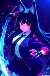 (titancore) adult ai_generated black_hair blade blood bloodmoon cute_girl female fox_ears fox_girl fox_humanoid girl hime_cut holding_object hoshimi_miyabi katana long_hair red_eyes school_uniform schoolgirl sword_master thiren video_game_character zenless_zone_zero