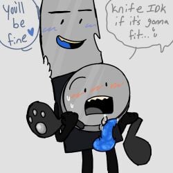 2boys adamationz blush blush_lines blushing cum cum_drip gay gay_sex inanimate_insanity knife_(ii) nickel_(ii) object_show object_shows osc sweat sweatdrop sweating tentacle_penis yaoi