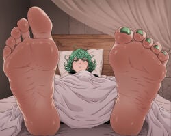 1girl ai_generated ca1nhurst feet foot_fetish foot_focus green_eyes green_hair green_toenails light_blush looking_at_viewer lying_on_back lying_on_bed nervous one-punch_man presenting_feet short_hair soles soles_female tatsumaki toes