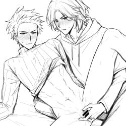 1boy 1cuntboy abs anger_vein blush blush_lines blushing bottomless bottomless_cuntboy censor_bar censored censored_pussy clothed clothed_sex cuntboy disappointed disappointing_sex finger_in_pussy fingering fingering_partner fingering_pussy gay gay_fingering gay_sex hood hoodie kamen_rider kamen_rider_ryuki_(series) leaning_on_arm leg_up male male/cuntboy neck_length_hair pussy pussy_juice ren_akiyama shinji_kido short_hair short_sleeve_hoodie sketch squint squinted_eyes sweat sweatdrop sweater sweater_lift sweating uncolored vaginal vaginal_penetration yaoi