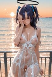 1girl ai_generated bangs bare_arms bare_shoulders blue_archive blue_eyes blue_hair blush breasts closed_mouth collarbone covered_navel cowboy_shot dress halo hand_on_own_face horizon kermixx lingerie long_hair looking_away medium_breasts navel nipples ocean outdoors patreon_username pussy railing see-through see-through_dress sky sleeveless solo standing sunset thigh_gap two_side_up uncensored water wet wet_clothes white_dress yuuka_(blue_archive)