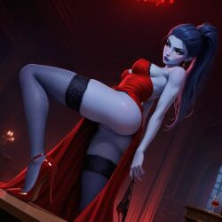 ai_assisted dress fishnet_legwear fishnet_stockings fishnets high_heels holding_panties innie_pussy lingerie overwatch panties pussy ragen ragen_nsfw red_dress seductive sexy stiletto_heels stockings thighhighs undressing widowmaker