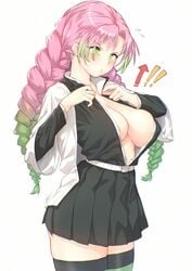 braided_hair bursting_breasts cleavage demon_slayer female female_only green_eyes haori kanroji_mitsuri kimetsu_no_yaiba large_breasts pink_hair solo thighhighs thore_(nathalukpol) underboob uniform zettai_ryouiki