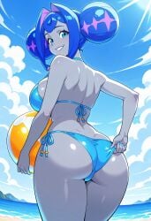 adjusting_bikini ai_generated beach beach_background beach_ball bikini cyan glitch_productions knights_of_guinevere princess_guinevere side_tie_bikini side_tie_bikini_bottom