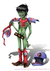 2014 censored deviantart gorillaz green_skin inverted_cross_necklace murdoc_niccals murdoc_niccals_(rock_the_house) pantless partially_nude pink_nipples smiling_at_viewer