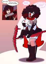 afro ass_expansion before_and_after bimbofication body_paint brain_drain breast_expansion breasts brown_eyes clown clownification coupytf curly_hair dialogue english_text face_paint femsub happy_trance huge_breasts humor instant_loss long_hair open_mouth original ruby_rose rwby speech_bubble text transformation very_long_hair yuri