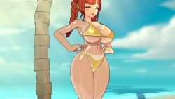 armpit armpit_crease armpits azephynight beach big_breasts breasts ginger gold_bikini golden_bikini green_eyes jellyfishjubilee large_boobs large_breasts large_tits redhead_female saberwolf8 sweaty tagme tan_body tan_skin tanline titties vestavia_(azephynight) video