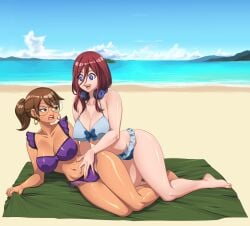 2girls anoneysnufftan applying_sunscreen beach beach_towel bikini blue_eyes brown_eyes brown_hair earrings embarrassed female female_only glasses go-toubun_no_hanayome gripping_sheets headphones humiliation imminent_death julie_powers killer_lotion leaning massage murder nakano_miku omiiverse on_side peril ponytail punishment red_hair rubbing scott_pilgrim short_hair snuff summer sunbathing swimsuit towel