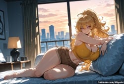 1girl ai_assisted ai_generated artist_name bangs bare_shoulders barefoot bed blonde_hair blush breasts cleavage curvaceous curvy curvy_female curvy_figure eyebrows_visible_through_hair female hair_between_eyes huge_breasts indoors large_breasts legs long_hair looking_at_viewer lying messy_hair midriff miyuai navel on_bed on_side pillow ponytail prosthetic_arm purple_eyes rwby short_shorts shorts smile solo sunlight tank_top thick thick_ass thick_butt thick_hips thick_legs thick_thighs thighs voluptuous voluptuous_female watermark wide_hips wide_thighs window yang_xiao_long