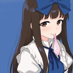 1girl absurdres blue_background blue_bow blue_dress blue_ribbon blush bow brown_eyes brown_hair closed_mouth commentary condom condom_in_mouth dress gemen_daochu_shuijiao hair_bow highres long_hair looking_at_viewer missing_wings mouth_hold neck_ribbon ribbon simple_background smile solo star_sapphire touhou upper_body used_condom
