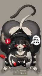 arched_back ass_cleavage baggy_clothing big_breasts black_panties blushing_female calico_cat ears_down fortnite furry_female meowskulls submissive_female thong_panties tomboy what_do_i_type