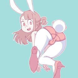 1girls 2018 akko_kagari all_fours ass atsuko_kagari blue_background brown_hair bunny_ears bunny_tail cameltoe high_heels kagari_atsuko little_witch_academia looking_back open_smile orenji panties rear_view red_eyes simple_background smile solo