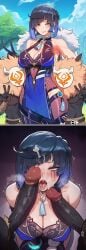 1girl2boys 1girls 2boys 2koma ahe_gao ai_generated before_and_after black_hair blue_hair boy_sandwich churlbaitqueen cum_on_face dark-skinned_male genshin_impact height_difference hilichurls_(species) huge_cock instant_loss_2koma interracial large_breasts multicolored_hair open_mouth peace_sign penis_on_face penis_over_one_eye runny_makeup size_difference smaller_male smug smug_face tongue tongue_out v yelan_(genshin_impact)