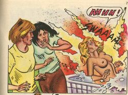 3girls black_hair blonde_hair clothing comic dying electrocution green_shirt multiple_girls orange_hair orange_skirt screaming skirt small_breasts tub water yellow_shirt