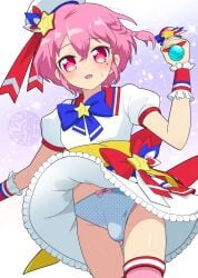 1boy androgynous artist_request ass_visible_through_thighs blue_bow blue_panties blue_underwear bow_panties braid bulge bulge_through_clothing clothed crossdressing crossdressing_(mtf) double-parted_bangs dress dress_lift ears eyebrows_visible_through_hair femboy feminine_male frilled_dress frilled_wrist_cuffs girly gradient_background groin hand_out_of_frame hat holding_microphone looking_at_viewer male male_focus male_only microphone mole_under_eye musical_note open_mouth panties pink_eyes pink_hair pink_thighhighs polka_dot_panties pretty_series pripara puffy_short_sleeves red_collar reona_west sailor_hat short_dress short_hair short_sleeves side_braid simple_background solo solo_male standing star star_hat_ornament swept_bangs thighhighs thighs third-party_edit underwear upscaled very_high_resolution waist_bow white_dress white_hat wrist_cuffs