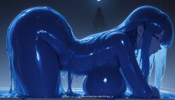 1girl ai_generated ass bangs bent_over blue_eyes blue_hair blue_theme bodysuit breasts dripping from_side hanging_breasts large_breasts latex lips long_hair night nyx_x parted_lips patreon_username questionable sensitive skin_tight sky slime_girl solo thighs water wet