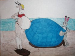 2girls 2pregnancy anthro anthro_female bunny_girl cop deer_girl disney exposed_pregnant_belly female gazelle_(zootopia) grey_fur hyper_pregnancy judy_hopps pregnancy pregnant pregnant_anthro pregnant_belly pregnant_female rabbit_girl zootopia