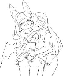 2girls animal_ears backup4now bat_ears bat_girl bat_wings batatvideogames_(moriko_kyoho) bikini character_request clothed clothed_female dubious_consent fingering fingering_partner fingering_pussy hand_under_clothes indie_virtual_youtuber kemonomimi lesbian long_hair monochrome moriko_kyoho neck_grab skirt_lift virtual_youtuber vtuber yuri