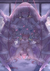 1futa 1girls antennae_(anatomy) condoms_on_bed densetsu.exe futa_on_female ghost_girl hearts_around_head holding_arms_back large_breasts matara_kan mint_fantome monster_girl roach_girl scratch_marks small_breasts stomach_bulge used_condoms waieeeee