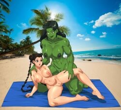 2girls anoneysnufftan applying_sunscreen beach beach_towel black_hair braided_hair breasts dark_green_hair embarrassed embarrassed_nude_female female female_only glistening green_eyes green_skin hair_bun humiliation imminent_death jennifer_walters killer_lotion long_hair lotion marvel massage murder muscular_female nipples nude nude_beach oil oiled omiiverse pai_chan peril photo_background punishment pussy rubbing she-hulk shiny_skin size_difference snuff summer sunbathing sunscreen towel virtua_fighter