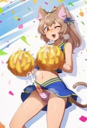1boy ai_generated animal_ears cat_ears cat_tail cheerleader cheerleader_uniform crossdressing cum felix_argyle femboy male_focus naticai panties penis ponytail precum precum_drip re:zero_kara_hajimeru_isekai_seikatsu short_brown_hair trap yellow_eyes