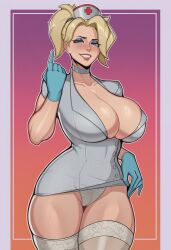 ai_generated big_breasts blonde_hair blue_eyes hereticus huge_breasts lingerie mercy nurse overwatch revealing_clothes smiling_at_viewer smirk wide_hips wide_thighs