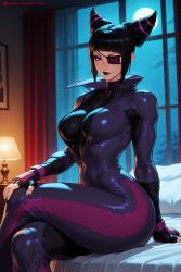 1girl ai_generated black_bodysuit black_hair black_nails bodysuit breasts drill_hair eyepatch fingerless_gloves gloves han_juri hi_res high_quality high_resolution indoors juri_han kiraamane large_breasts latex looking_at_viewer nail_polish on_bed patreon purple_eyes seductive sexy sitting skin_tight smile solo street_fighter twin_drills uncensored watermark