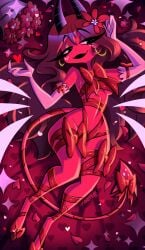 1girls armwear black_hair bouquet breasts demon demon_girl demon_horns demon_tail ear_piercing earrings elbow_gloves falleninthedark female female_only flower flower_in_hair full_body gloves hair hair_ornament half-closed_eyes heart hearts helluva_boss hips hoop_earrings long_hair mature mature_female mature_woman medium_breasts milf mother moxxie's_mother naked_ribbon red_body red_eyes red_skin ribbon smile sparkles tail text thighs white_gloves wide_hips wrapped wrappings