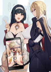 2girls armpit_hair astra_yao bikkii black_hair blonde_hair braid breasts cellphone cleavage commentary_request evelyn_chevalier group_sex hairband highres huge_breasts juxtaposition large_areolae mmf_threesome multiple_girls open_mouth paizuri penis penis_on_face penis_over_eyes phone pov smartphone talking threesome zenless_zone_zero