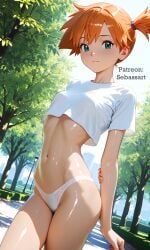 ai_generated blush exposed_torso flirting green_eyes midriff misty_(pokemon) navel paid_reward_available patreon petite pokemon pose red_hair sebassart small_waist smile smug solo sweat underwear