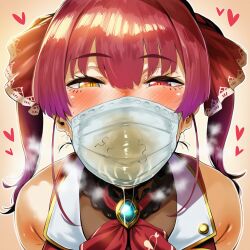 1girl ai_generated big_breasts blush bustybunz cleavage commentary_request cum_drooling cum_in_mask cum_on_mask cum_stain cum_under_mask face_mask heavy_breathing heterochromia hololive houshou_marine huge_breasts large_breasts messy_face pink_hair solo stray_pubic_hair surgical_mask sweat sweaty tagme twintails virtual_youtuber wearing_cum