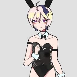 1girls androgynous black_choker blushing bowtie bunny_costume bunny_ears bunnysuit flustered looking_at_viewer petite_breasts petite_female purple_eyes short-haired_female small_breasts sweatdrop tomboy two-tone_hair v_flower very_short_hair vocaloid vocaloid_4 white_hair