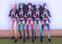 5girls panties purple_panties red_panties stockings two-tone_hair yandere_simulator yellow_panties