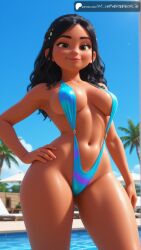 18yo adult adult_female ai_generated aiuniverse56 black_hair brown_eyes curly_hair disney fit fit_female flat_stomach hair_ornament hand_on_hip legs mature mature_female medium_breasts midriff narrow_waist navel slim_thick slingshot_swimsuit stable_diffusion swimsuit tan tan_body tan_skin thick_legs thick_thighs vanellope_von_schweetz wide_chest wide_hips wreck-it_ralph