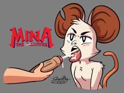 1boy 1girls anthro cum cum_in_mouth cum_on_face cum_on_tongue cumshot disembodied_penis ediblegymsock female male mina_(mina_the_hollower) mina_the_hollower mouse_ears nude open_mouth tongue_out white_fur yacht_club_games