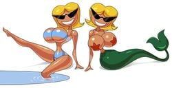 2girls big_breasts bikini blonde_hair disney female green_tail knick_knack large_hips mermaid mermaid_tail noonun pasties pixar pool short_hair smiling starfish starfish_pasties sunglasses sunny_atlantis sunny_miami thin_waist underboob water wide_hips