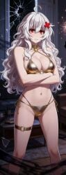 ai_generated bikini crossed_arms erispheria female female_focus hourglass_figure light-skinned_female neutral_expression red_eyes slave_outfit twitch twitter vtuber vtuberfanart white_hair wide_hips youtube youtube_hispanic