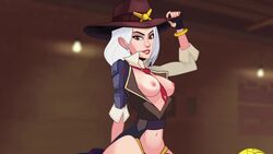 2d 2d_animation animated ashe_(overwatch) blizzard_entertainment bob_(overwatch) bouncing_breasts bowler_hat breasts cole_cassidy cowboy_hat female hat living_machine male moikaloop nipples no_sound omnic orisa overwatch riding robot video white_hair