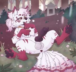 absurd_res amber_eyes animal_genitalia animal_penis anus canid canine canine_genitalia canine_penis detailed_background feral forest fox fox_spirit genitals hi_res male mammal pawpads paws penis plant solo tree vikhuskffee