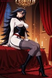 1girl ai_generated black_footwear black_hair blue_eyes bodysuit boots breasts cuffs curtains dominatrix domino_mask garter_straps hi_res high_heel_boots high_heels high_quality high_resolution indoors kiraamane knee_boots large_breasts lips long_hair looking_at_viewer mask midnight_(my_hero_academia) my_hero_academia patreon seductive sexy sitting solo thighhighs uncensored watermark window